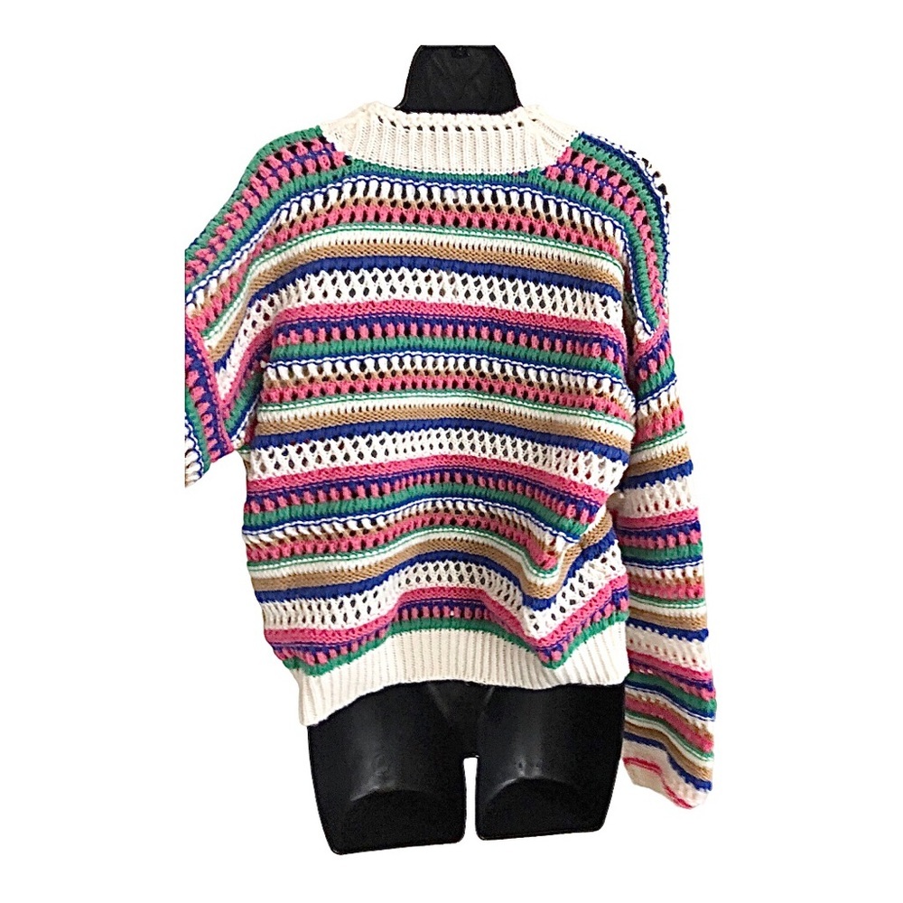 Vigoss Cream multistriped crochet‎ knit grandpa cardigan sweater size large new - Picture 13 of 16